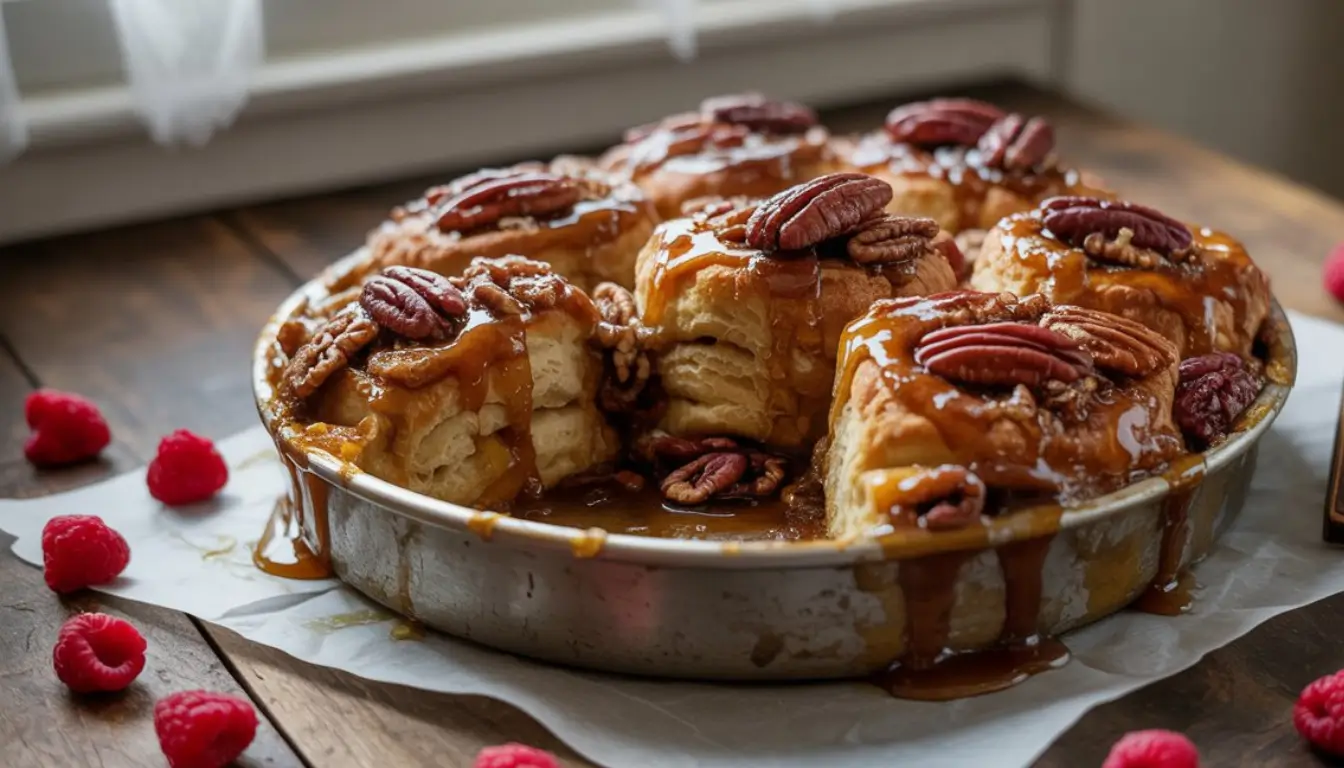 Maple Pecan Sticky Bun Casserole 2 Close-up of French toast topped with pecans, syrup, whipped cream, and berries.