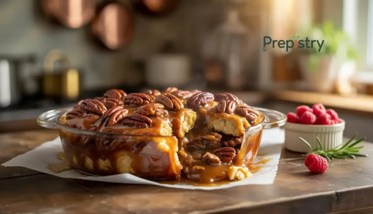 Stacked French toast with pecans, syrup drizzle, whipped cream, and berries nearby.