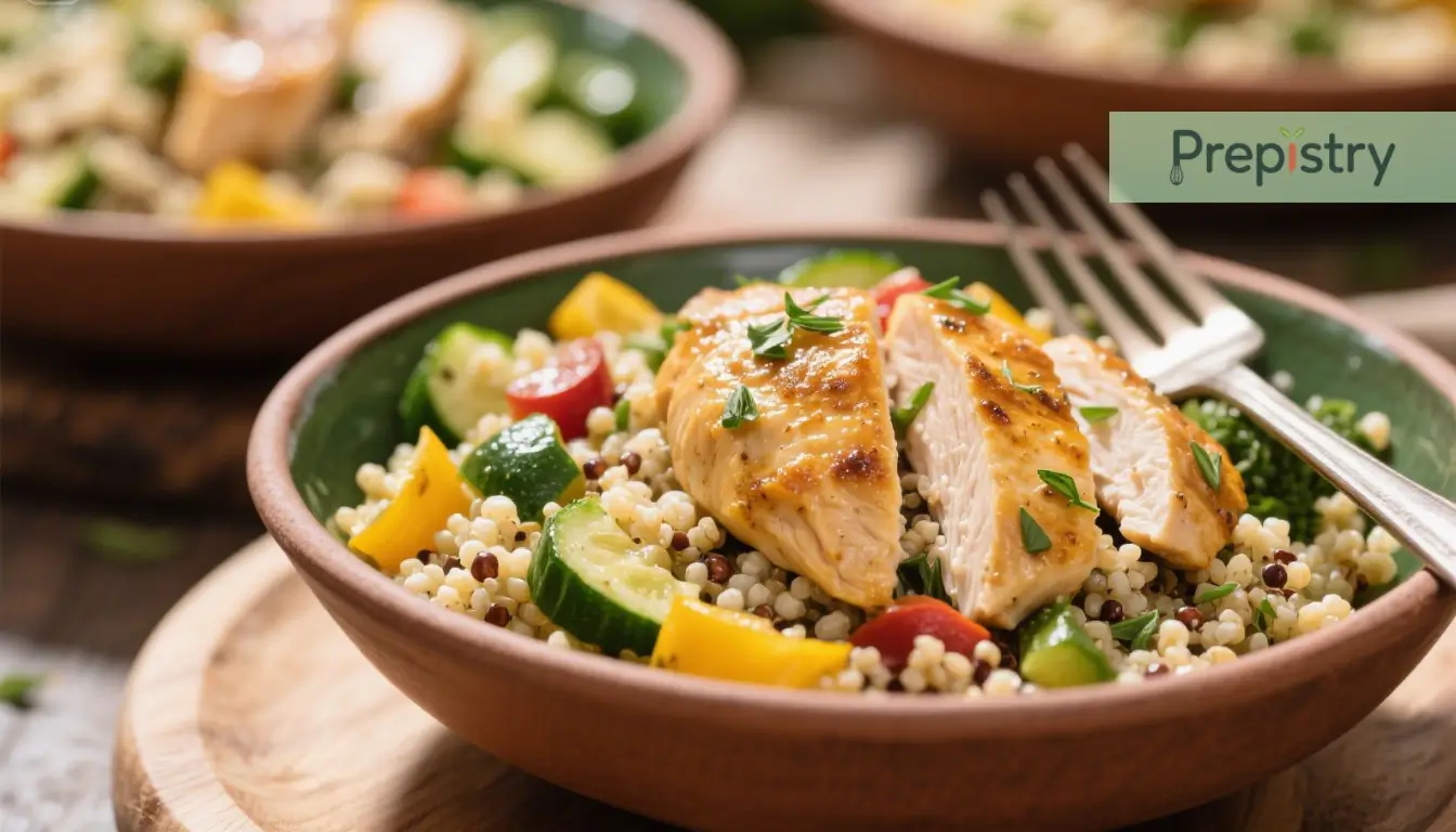 Here are the extracted details for the image:**Description**: A vibrant quinoa bowl with grilled chicken, fresh vegetables, and herbs.**Caption**: Grilled chicken, quinoa, and fresh veggies in a colorful Mediterranean bowl.**Alt text**: A quinoa bowl topped with grilled chicken, cucumbers, bell peppers, and herbs.