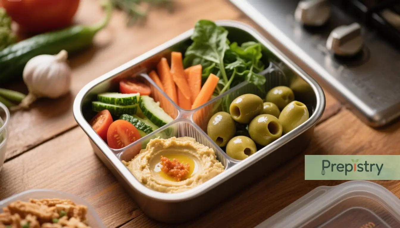 Mediterranean Crunch Bento Box A bento box featuring hummus, cucumbers, carrots, olives, and leafy greens, perfect for a healthy meal.