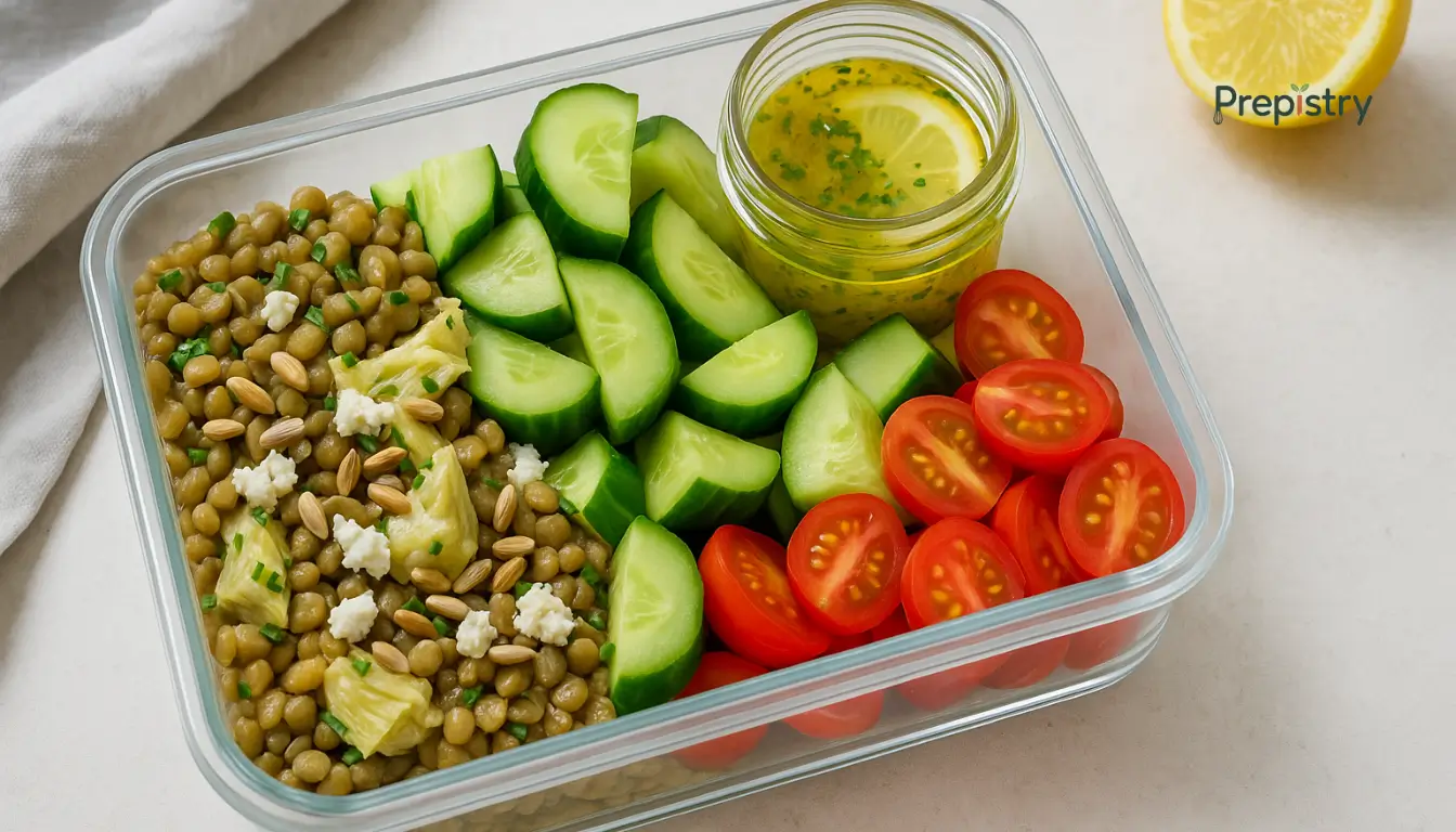 Mediterranean Lentil & Artichoke Protein Box Mediterranean protein box with lentils, cucumbers, tomatoes, and lemon dressing