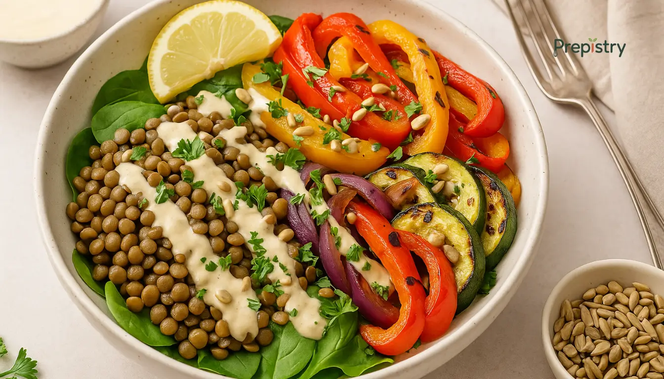 Mediterranean Lentil and Roasted Pepper Power Bowls "Colorful Mediterranean lentil bowl with roasted vegetables and creamy tahini drizzle"