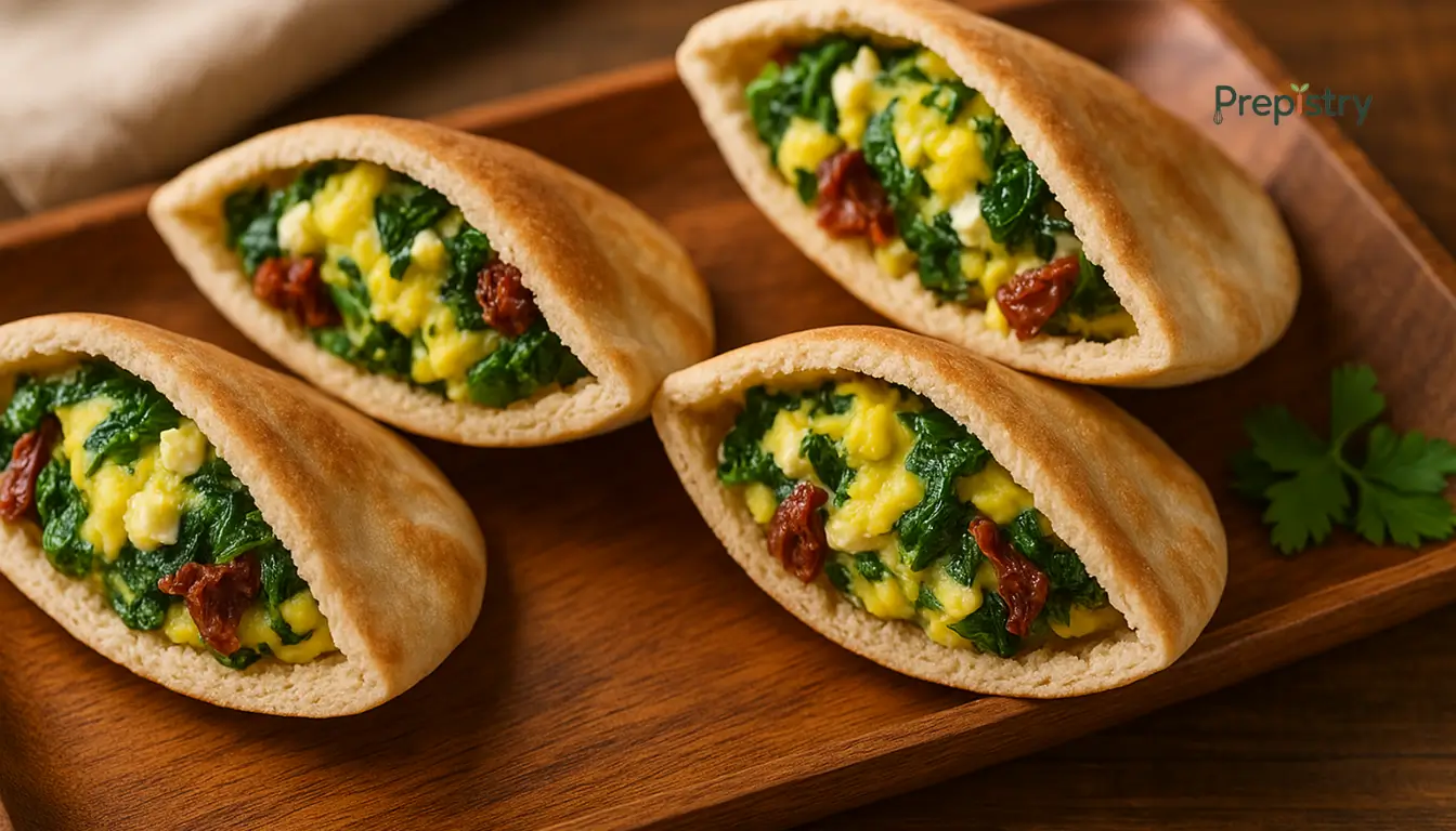 Mediterranean Veggie Pita Breakfast Pockets Fluffy pita pockets filled with spinach, eggs, and sun-dried tomatoes on a wooden tray