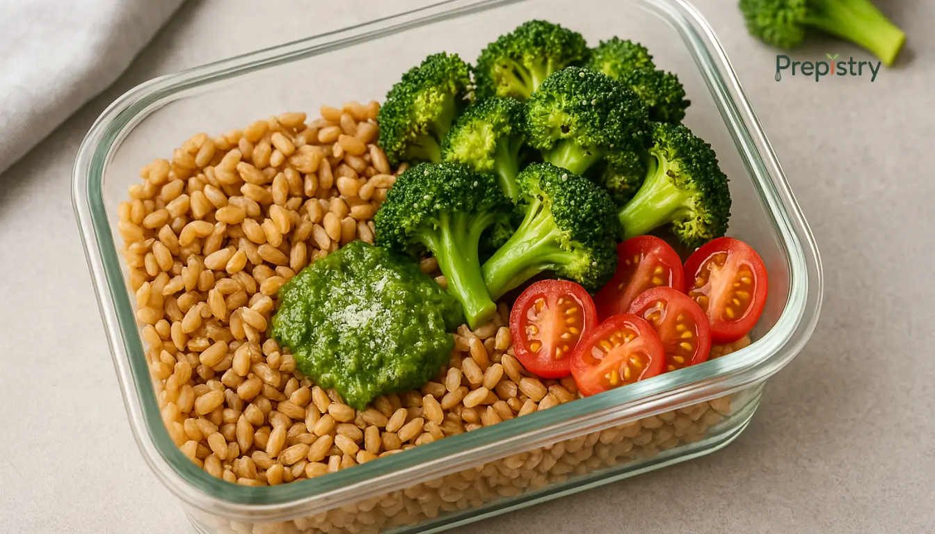 Microwave-Ready Broccoli Pesto Farro Bowl Glass container with farro, roasted broccoli, cherry tomatoes, and pesto on a gray surface