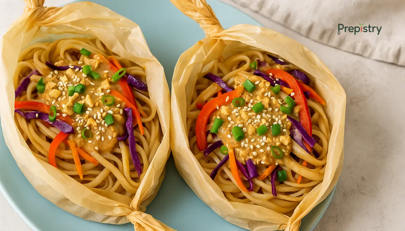 Microwave Thai Peanut Noodle Pouches Two parchment-wrapped Thai peanut noodle pouches garnished with veggies and sesame seeds