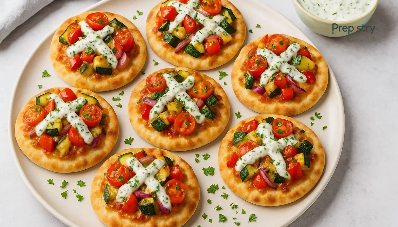 Mini Veggie Pita Pizzas with Herbed Yogurt Drizzle Mini veggie pita pizzas with roasted vegetables and herbed yogurt drizzle on a plate