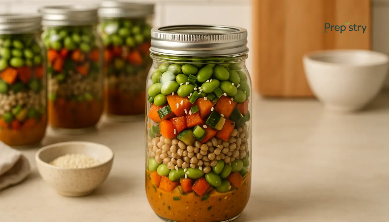 Miso-Ginger Buckwheat & Veggie Power Jars Layered mason jar salad with edamame, buckwheat, roasted veggies, and miso dressing