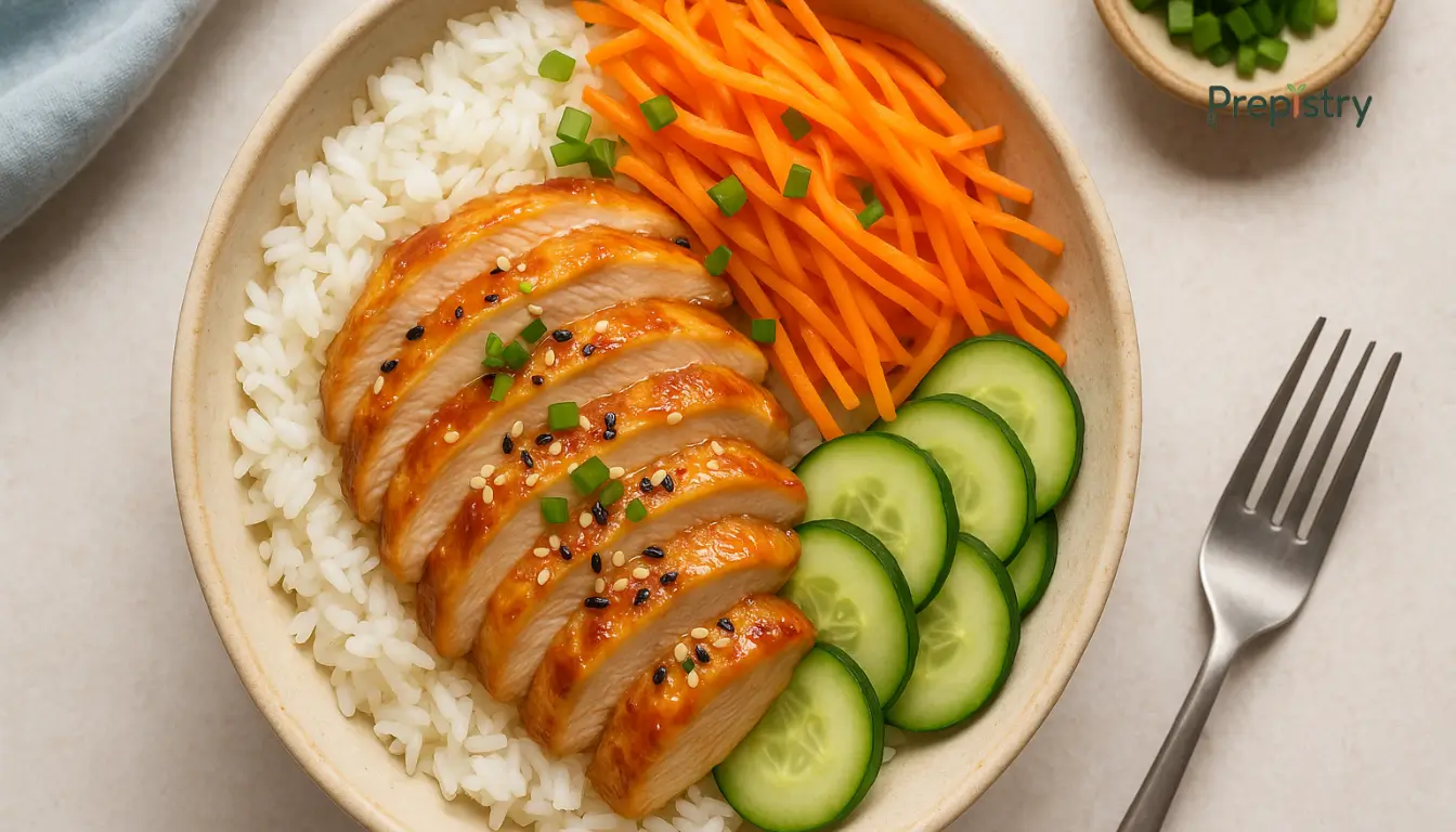 Miso-Ginger Chicken & Rice Reheat Bowls Sliced miso-glazed chicken served over steamed rice with carrots and cucumber in a ceramic bowl