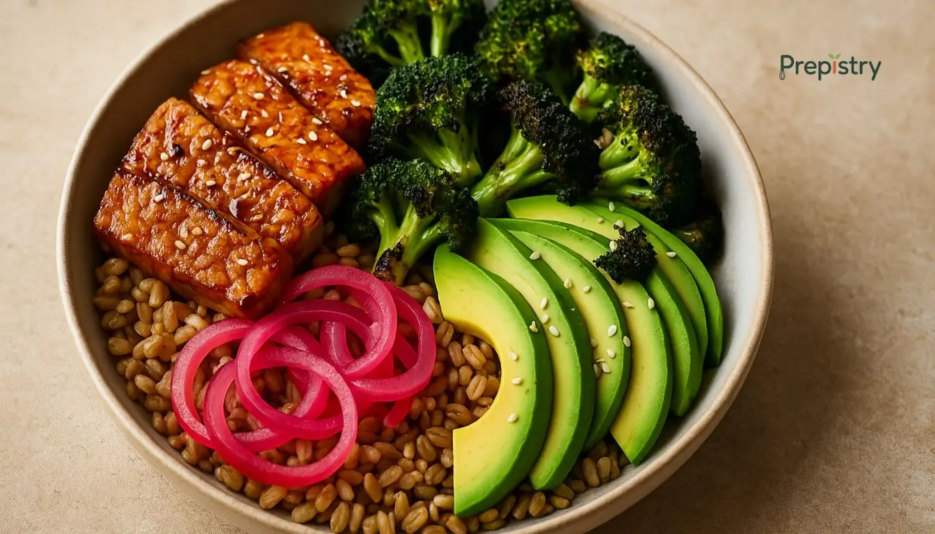 Miso-Lime Tempeh Grain Bowls Grain bowl with glazed tempeh, roasted broccoli, avocado, and pickled onions in a ceramic bowl