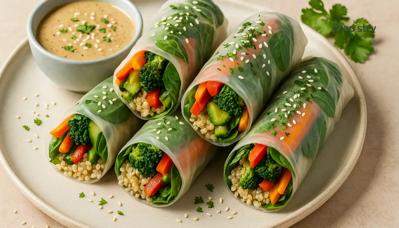 Miso-Tahini Roasted Veggie Rice Wraps Fresh rice paper wraps filled with colorful veggies, quinoa, and spinach on a plate