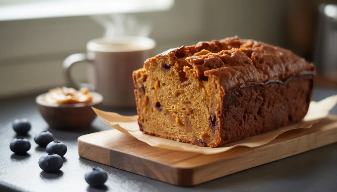 Cinnamon Sweet Potato Breakfast Bread 2 Steaming mug and blueberries alongside a tender slice of cinnamon-spiced sweet potato bread.