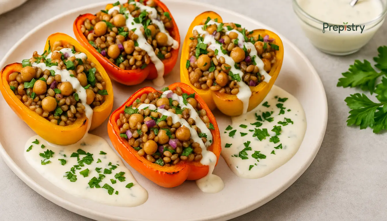 Moroccan-Spiced Chickpea and Farro Stuffed Peppers Stuffed red and yellow bell peppers filled with chickpeas, farro, and yogurt tahini drizzle