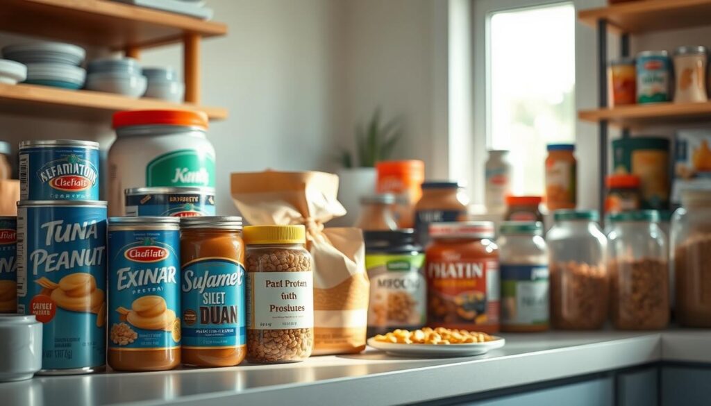 Neatly arranged high-protein pantry essentials in a cozy, minimalist kitchen with wooden shelves and light blue accents. Cans of tuna, jars of peanut butter, packages of dried lentils, and cans of beans in the foreground, bathed in soft, diffused natural light coming through a window. The middle ground features a variety of protein powder containers, while the background showcases additional canned goods and jarred items. The overall scene conveys a sense of preparedness and organization, with a focus on nutrient-dense, shelf-stable protein sources.