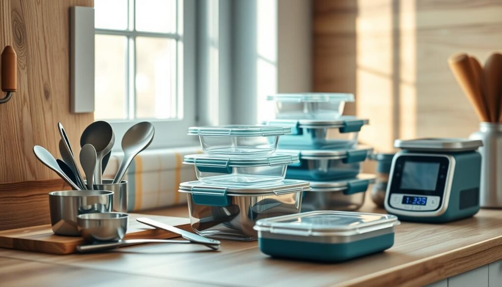 Neatly arranged meal prep containers and tools in a cozy, minimalist kitchen with wooden textures and light blue accents. Shiny stainless steel measuring cups, spoons, and a chopping board sit on a wooden counter, alongside glass meal prep containers, reusable lunchboxes, and a sleek digital kitchen scale. Soft natural lighting from a nearby window creates a warm, inviting atmosphere, highlighting the organization and functionality of these essential tools for effective meal prepping.