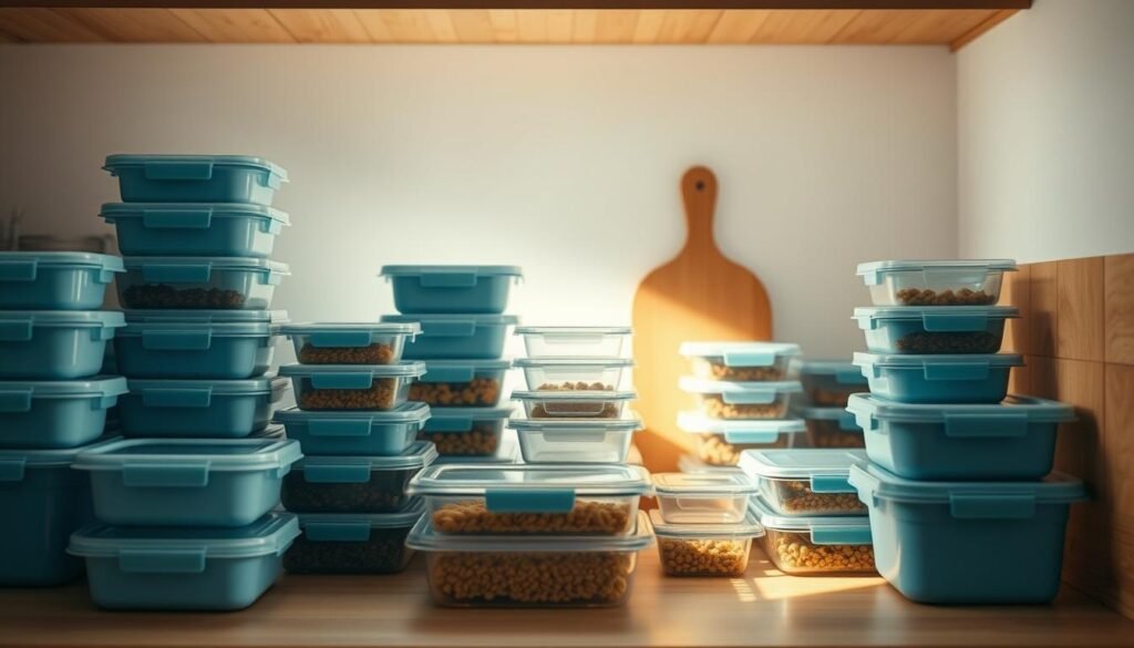 Neatly arranged meal prep containers in a cozy, minimal kitchen with warm wooden surfaces and light blue accents. The containers vary in size and shape, organized in a visually appealing grid layout. Soft, diffused lighting from overhead casts gentle shadows, highlighting the textures of the containers and surfaces. The scene conveys a sense of order, efficiency, and intention, setting the stage for a satisfying meal prep routine.