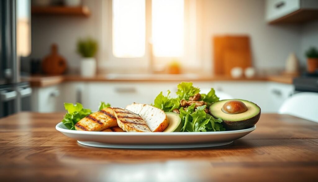 Neatly arranged on a wooden table in a minimalist kitchen, a balanced meal of grilled chicken, a vibrant green salad, and a side of avocado slices. The natural light filters in through a window, casting a warm glow on the fresh, high-protein ingredients. The composition is simple yet visually striking, emphasizing the synergy between the lean protein, nutrient-dense greens, and heart-healthy fats - a perfect representation of a nutritious, well-rounded lunch. The scene exudes a sense of calm and wellness, inviting the viewer to savor a moment of mindful, wholesome nourishment.