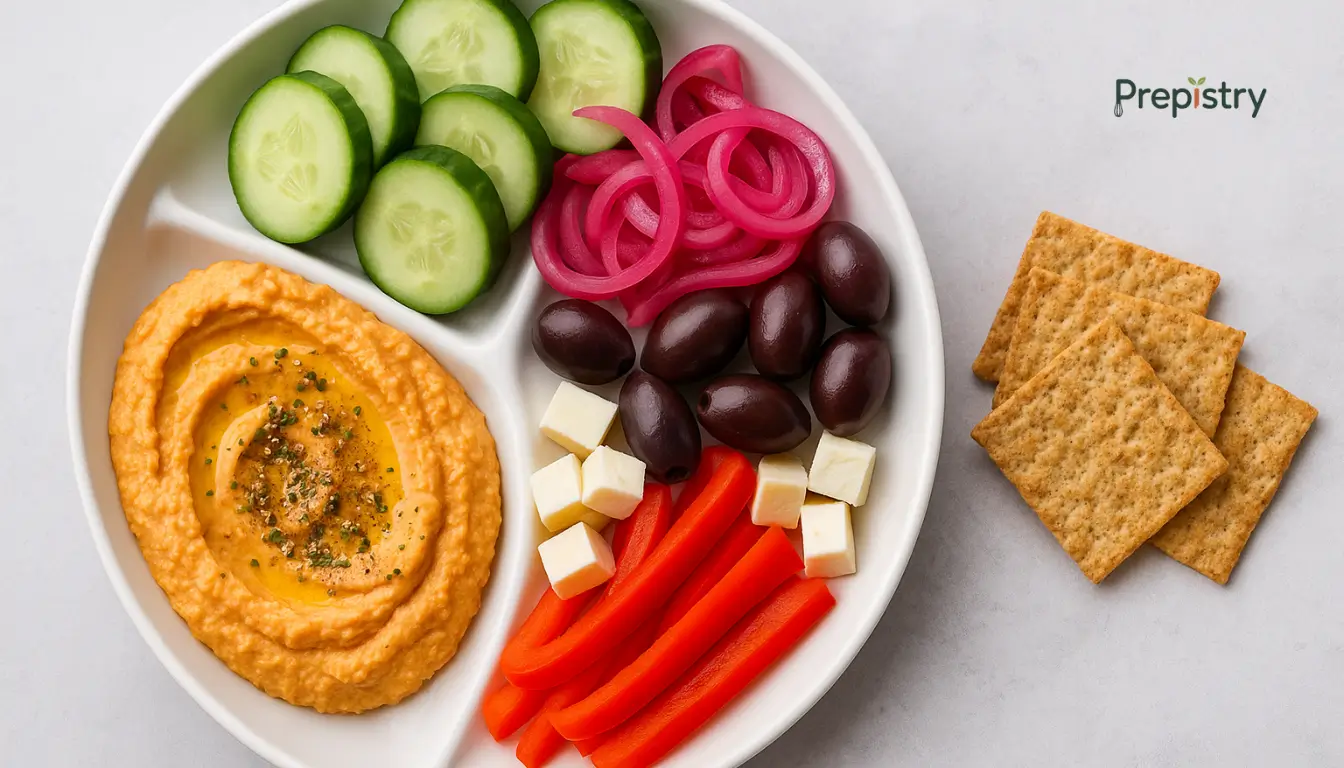 No-Cook Hummus Lunch Plate A divided white plate with hummus, cucumbers, pickled onions, olives, cheese, and crackers