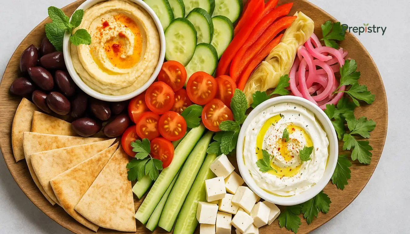 No-Cook Mediterranean Mezze Platter Lunch Colorful mezze platter with hummus, vegetables, olives, and cheese arranged on a wooden board