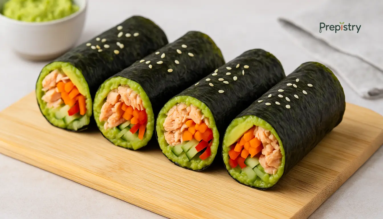 No-Cook Salmon & Avocado Nori Wraps Four fresh nori wraps filled with salmon, avocado, and vegetables on a wooden board