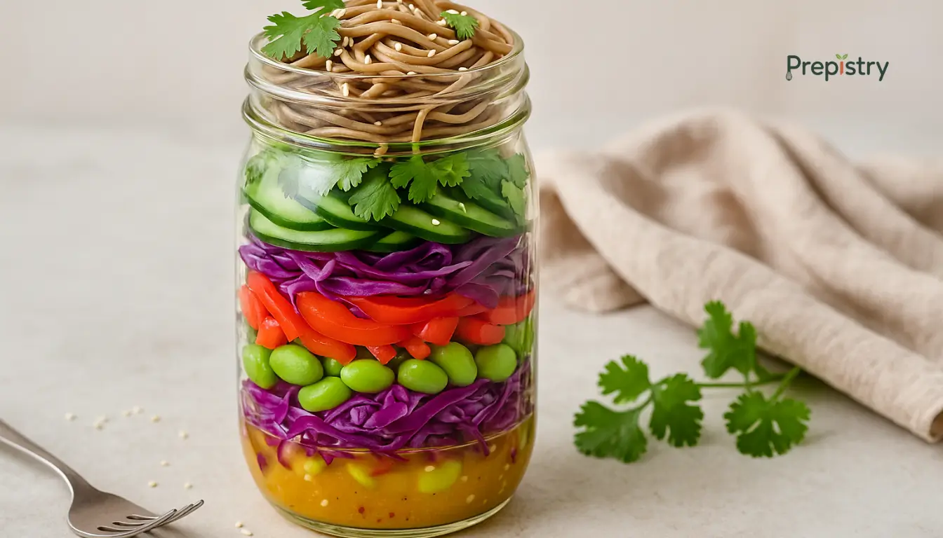 No-Heat Soba Noodle Salad Jar Layered soba noodle salad jar with vibrant vegetables and sesame seeds on top