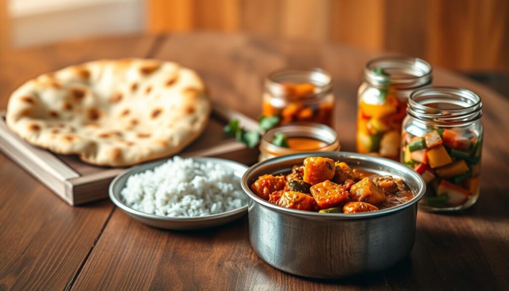 Nutritious curry meal prep options arranged artfully on a wooden table. In the foreground, a stainless steel container holds a vibrant vegetable curry, its aroma wafting through the air. Alongside, a glass jar showcases pickled veggies, their bright colors complementing the main dish. In the middle ground, a crisp, fluffy naan bread and a small bowl of fragrant basmati rice complete the meal. Warm, golden lighting casts a cozy glow, highlighting the textures of the wood and the depth of the spices. The overall scene evokes a sense of wholesome, flavorful nutrition, ready to be savored.