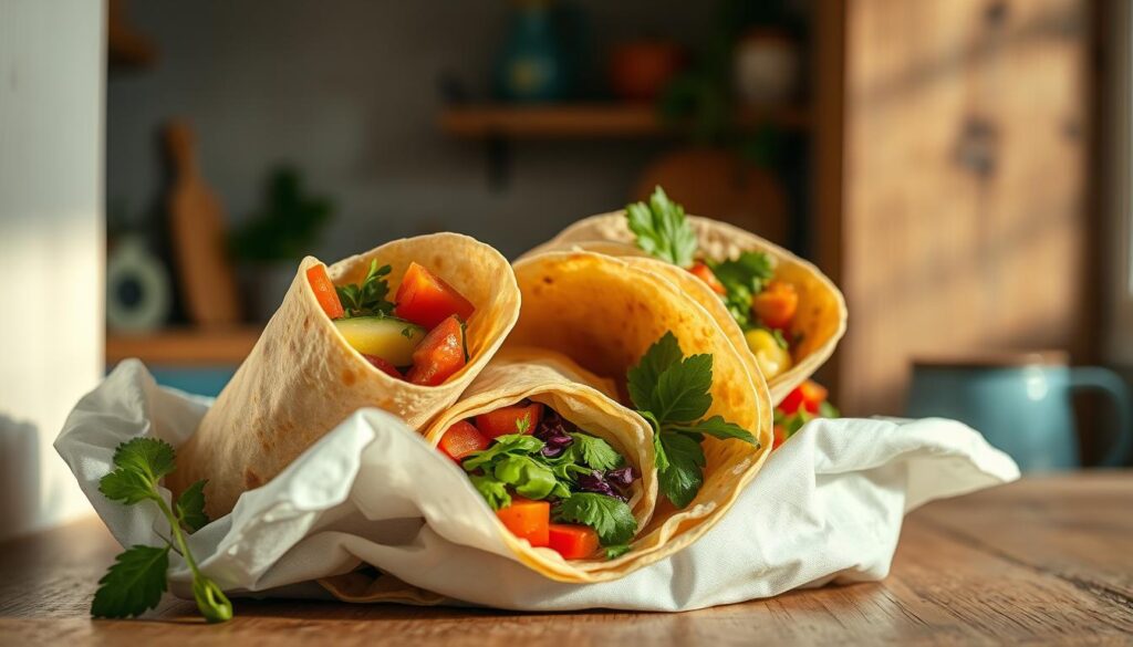 Nutritious tortilla wraps nestled in a cozy, minimalist kitchen. Vibrant vegetables and aromatic herbs spill from the soft, golden tortillas, inviting a healthful and flavorful global journey. Warm, directional lighting casts a natural glow, highlighting the rustic wooden textures and light blue accents that frame the scene. The composition is balanced and inviting, drawing the eye to the delectable wraps, ready to be explored and savored.