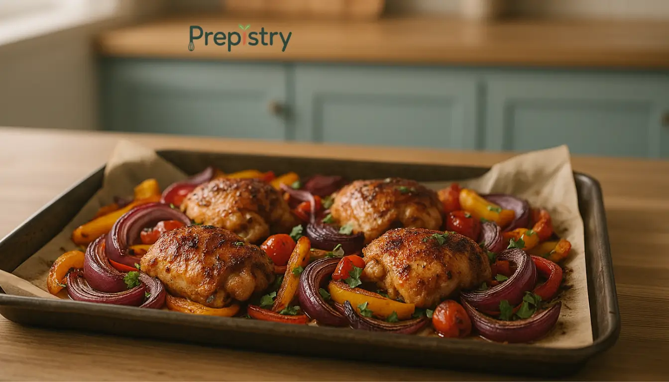 Chicken thighs roasting with caramelized onions, bell peppers, and cherry tomatoes.