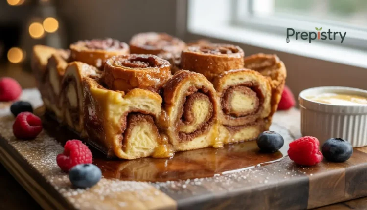 Sticky buns covered in maple syrup and pecans in a metal baking dish with fresh raspberries.
