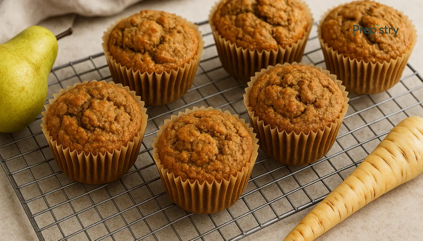 Pear Parsnip Protein Muffins Freshly baked pear and parsnip muffins on a rustic wooden surface