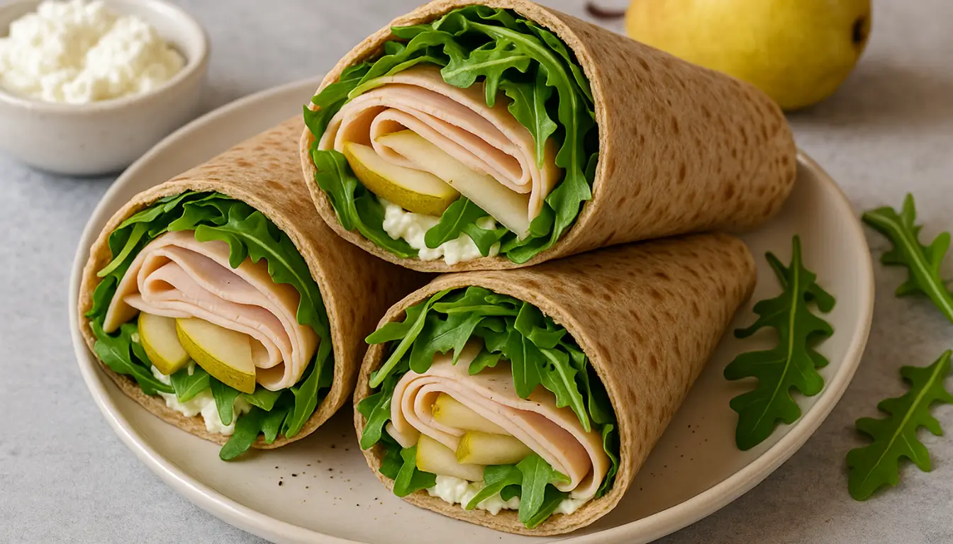 Pear, Turkey, and Arugula Flatbread Wraps Rolled flatbread wraps filled with turkey, pear slices, arugula, and ricotta cheese on a plate