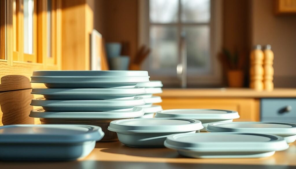 Perfectly organized meal prep lids from Prepistry, nestled in a cozy, minimal kitchen with warm wooden textures and light blue accents. The lids have a sleek, modern design with airtight seals to keep contents fresh. Soft, natural lighting from a large window casts a gentle glow, highlighting the clean lines and matte finish of the lids. The arrangement exudes a sense of order and efficiency, reflecting the importance of meal prep for busy lifestyles.