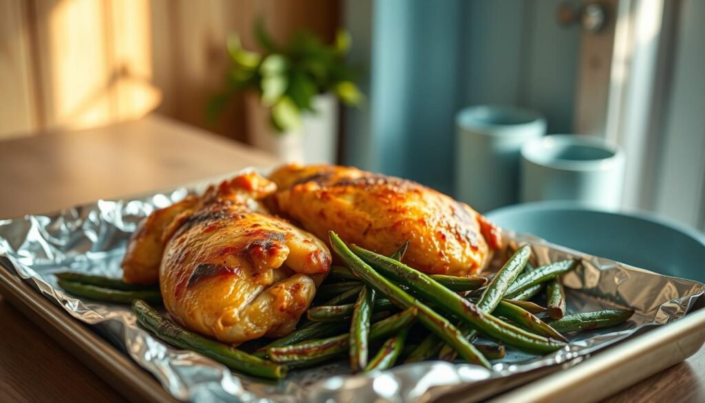 Perfectly roasted chicken thighs, golden-crisp skin glistening under warm, natural lighting, resting atop a sheet pan lined with foil. Plump, tender meat juxtaposed against vibrant, charred green beans, their earthy aroma wafting through the cozy, minimal kitchen. Wooden textures and light blue accents create a calming, inviting atmosphere, drawing the eye to the delectable, mouthwatering scene. A high-angle perspective captures the dish in all its glory, highlighting the careful attention to detail that yields truly exceptional roasted poultry and vegetables.