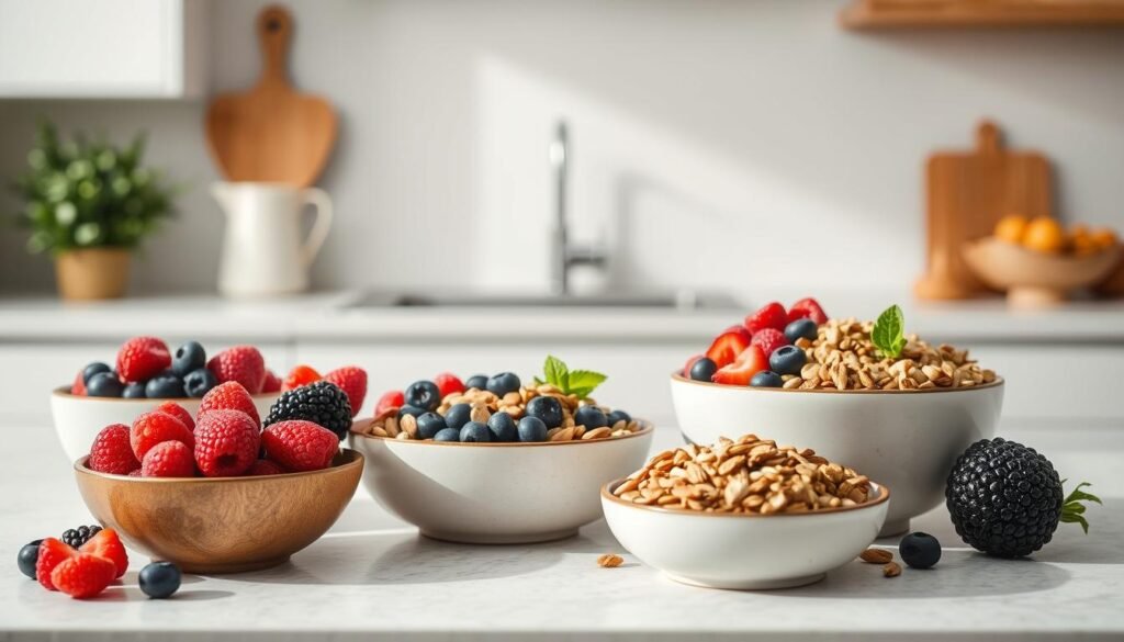 Photogenic arrangement of fiber-rich foods displayed in sleek ceramic bowls against a minimal, light-filled kitchen backdrop. Vibrant hues of berries, nuts, and seeds artfully composed with textural interest. Soft natural illumination accentuates the rich colors and clean, uncluttered design. Crisp focus highlights the nutritious ingredients, conveying a sense of health and simplicity. Neutral tones and clean lines create a calming, inviting atmosphere, ideal for showcasing a wholesome, gut-nourishing cold lunch.