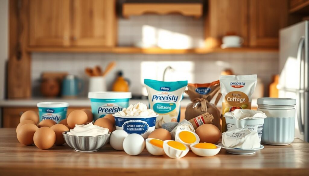 Prepistry: A cozy, minimal kitchen with wooden textures and light blue accents. On the counter, a variety of fresh eggs, Greek yogurt, cottage cheese, and other dairy products neatly arranged. The lighting is soft and natural, casting a warm glow over the scene. In the background, a clean, uncluttered space, hinting at the versatility of these protein-rich ingredients for meal prep. The composition is balanced, inviting the viewer to imagine the delicious and nutritious meals that can be crafted from these simple, wholesome components.
