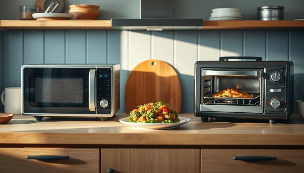 Prepistry - a cozy, minimalist kitchen with wooden textures and light blue accents. On the countertop, three different reheating methods are compared side-by-side: a microwave, an air fryer, and a toaster oven. The scene is lit softly from the side, highlighting the details of each appliance and the fresh, healthy meal they are reheating. The overall mood is calm and informative, inviting the viewer to explore the best way to reheat their meal prep for maximum flavor and texture.