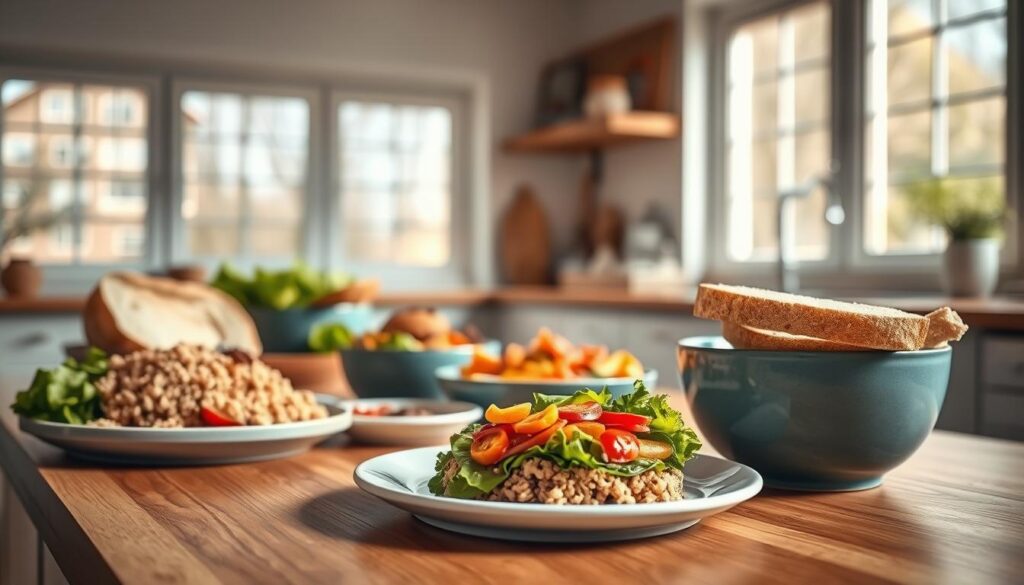 Prepistry quick assembly lunch bowls and sandwiches on a wooden kitchen counter. A selection of fresh ingredients including quinoa, roasted vegetables, crisp lettuce, and artisanal bread. Warm, natural lighting from large windows casts a soft glow. Minimalist blue ceramic bowls and a simple white plate create a clean, appealing presentation. The overall scene exudes an atmosphere of effortless yet nourishing homemade meals, perfect for a busy weekday lunch.