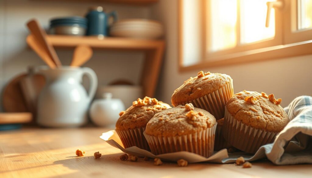 Prepistry's spiced carrot cake muffins nestled in a cozy, minimal kitchen setting. A closeup reveals the muffins' soft, moist texture, dusted with cinnamon and garnished with chopped walnuts. Warm, natural lighting from a large window bathes the scene in a golden glow, highlighting the muffins' vibrant orange hue and the wooden textures of the countertop and shelves. Subtle blue accents, such as a ceramic pitcher or a patterned tea towel, add a touch of elegance. The muffins' nutrition benefits, including their high protein and fiber content, are evident in their wholesome, homemade appearance.