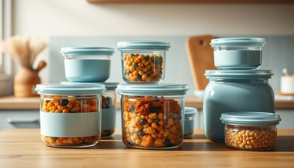 Pristine meal prep containers arranged in a minimalist kitchen. Sleek, stackable glass jars with airtight lids sit atop a wooden countertop. Light blue accents complement the natural tones, creating a calming, organized atmosphere. The containers are partially filled with vibrant, legume-based dishes, hinting at the nourishing contents within. Warm, diffused lighting casts gentle shadows, highlighting the clean lines and careful composition. The scene exudes a sense of efficiency and wellness, inviting the viewer to envision their own customizable meal prep routine.