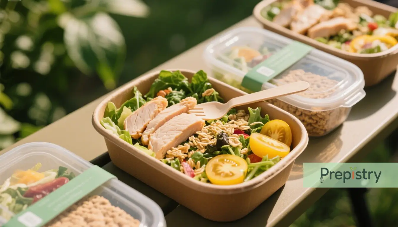 Protein-Packed Travel Salad A meal prep container with fresh chicken, cherry tomatoes, and greens on a table.
