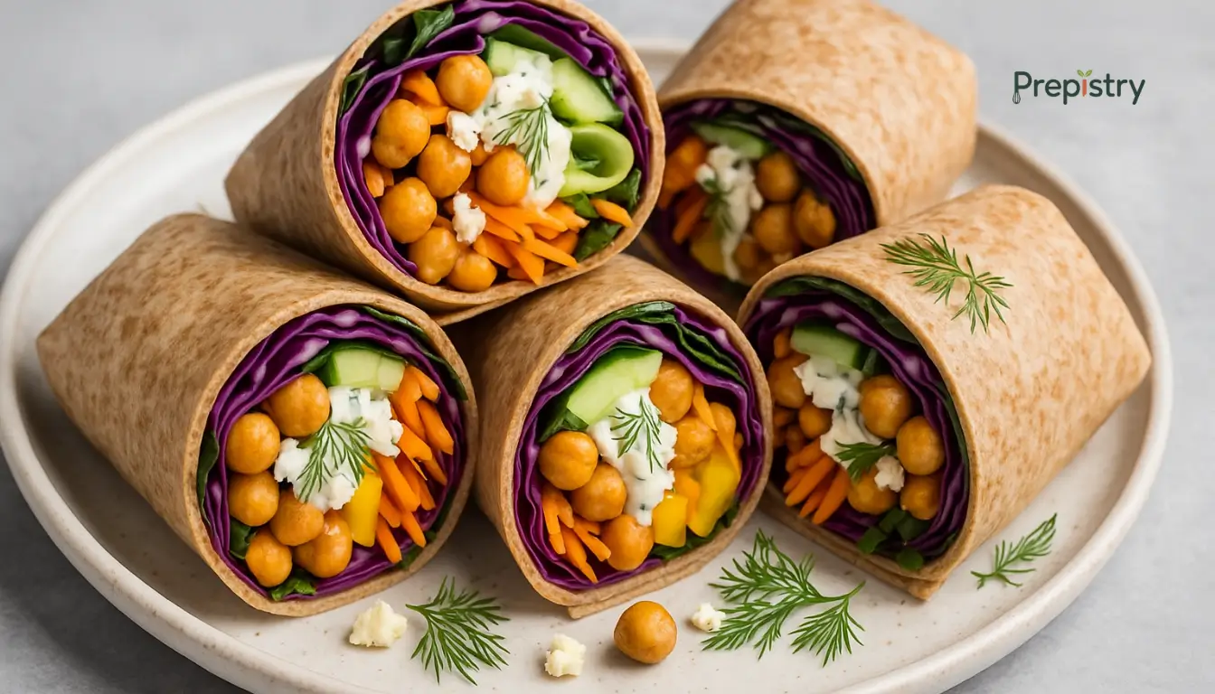 Rainbow Chickpea Crunch Wraps Chickpea wraps with colorful vegetables and dill sauce on a ceramic plate