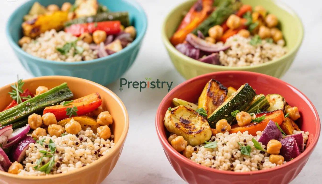 Rainbow Veggie and Chickpea Grain Meal Prep Overhead view of four vibrant ceramic bowls containing quinoa, crispy chickpeas, and roasted vegetables