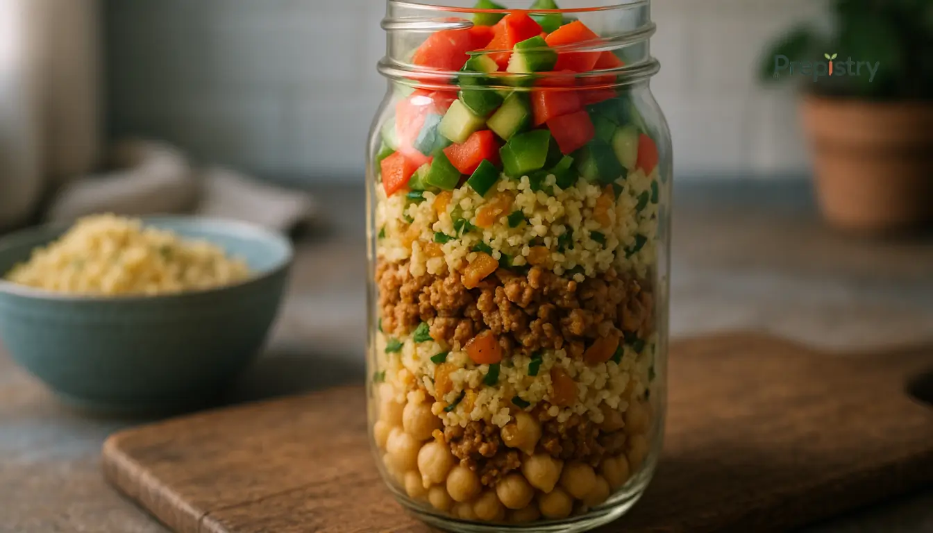 Ras El Hanout Turkey & Apricot Layered couscous jar with ground turkey, apricots, and herbs in a cozy kitchen setting