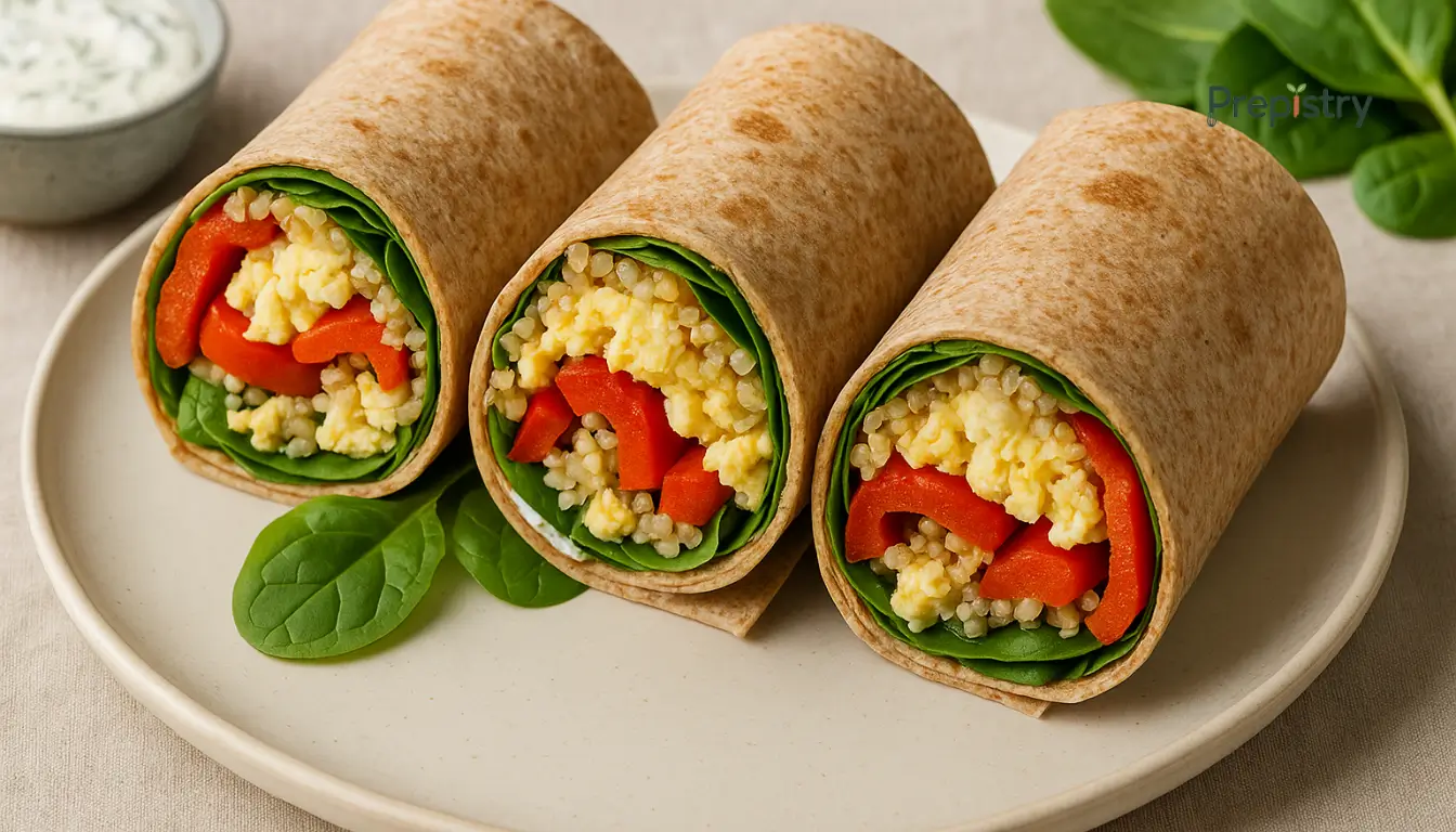 Roasted Red Pepper & Quinoa Egg Wraps Whole wheat wraps with scrambled eggs, quinoa, spinach, and roasted red peppers