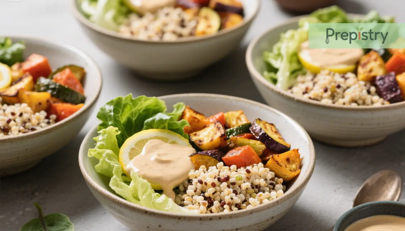 Roasted Vegetable & Quinoa Power Bowls A bowl filled with quinoa, roasted vegetables, and fresh greens, topped with sauce.
