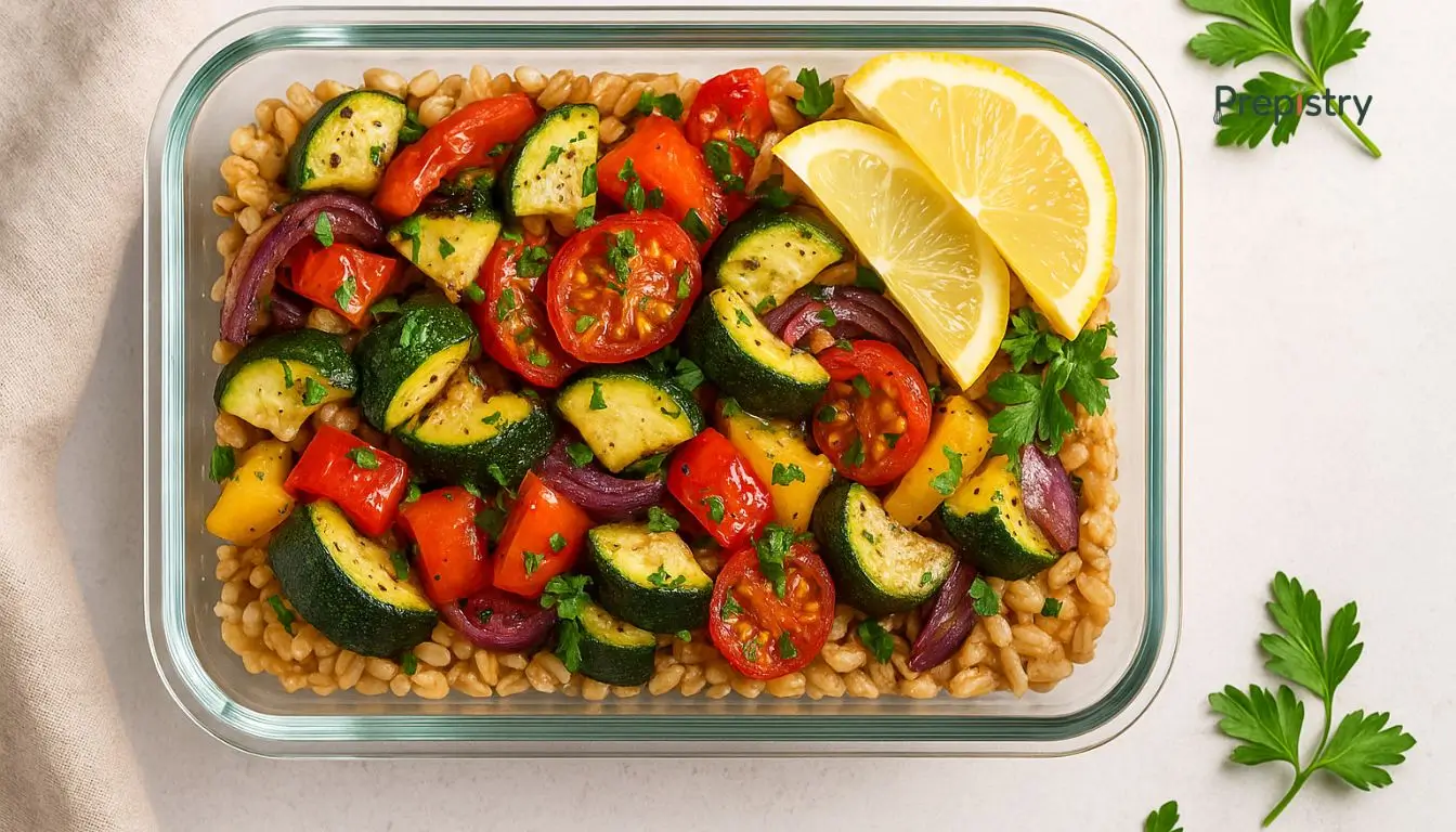 Roasted Veggie & Farro Salad Colorful roasted veggie and farro salad with lemon wedges in a glass meal prep container