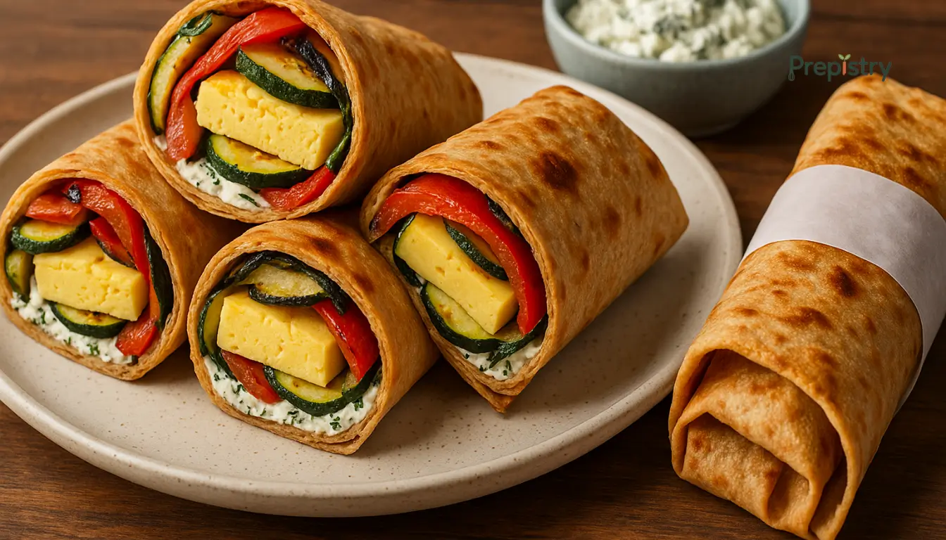 Roasted Veggie & Herbed Goat Cheese Lavash Wraps Crispy lavash wraps filled with roasted zucchini, peppers, egg, and herbed goat cheese