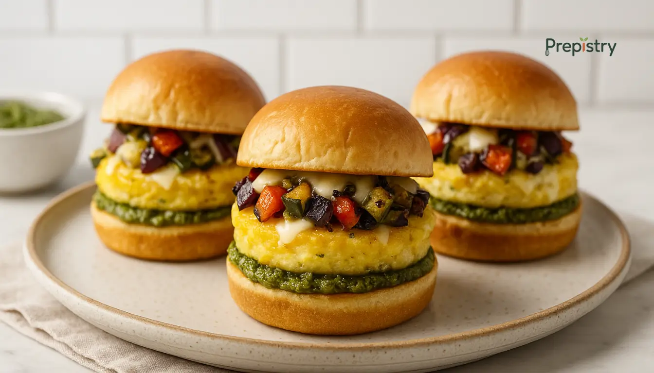 Roasted Veggie Pesto Breakfast Sliders Mini breakfast sliders with pesto, roasted vegetables, and egg on brioche buns