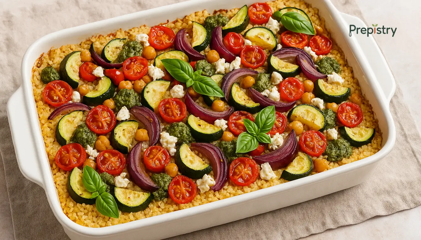 Roasted veggie couscous bake with pesto, cherry tomatoes, zucchini, and red onions