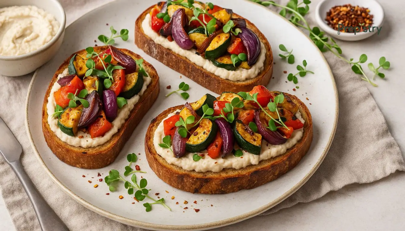 Roasted Veggie and White Bean Tartines Open-faced tartines with creamy white bean spread and roasted vegetables on toast