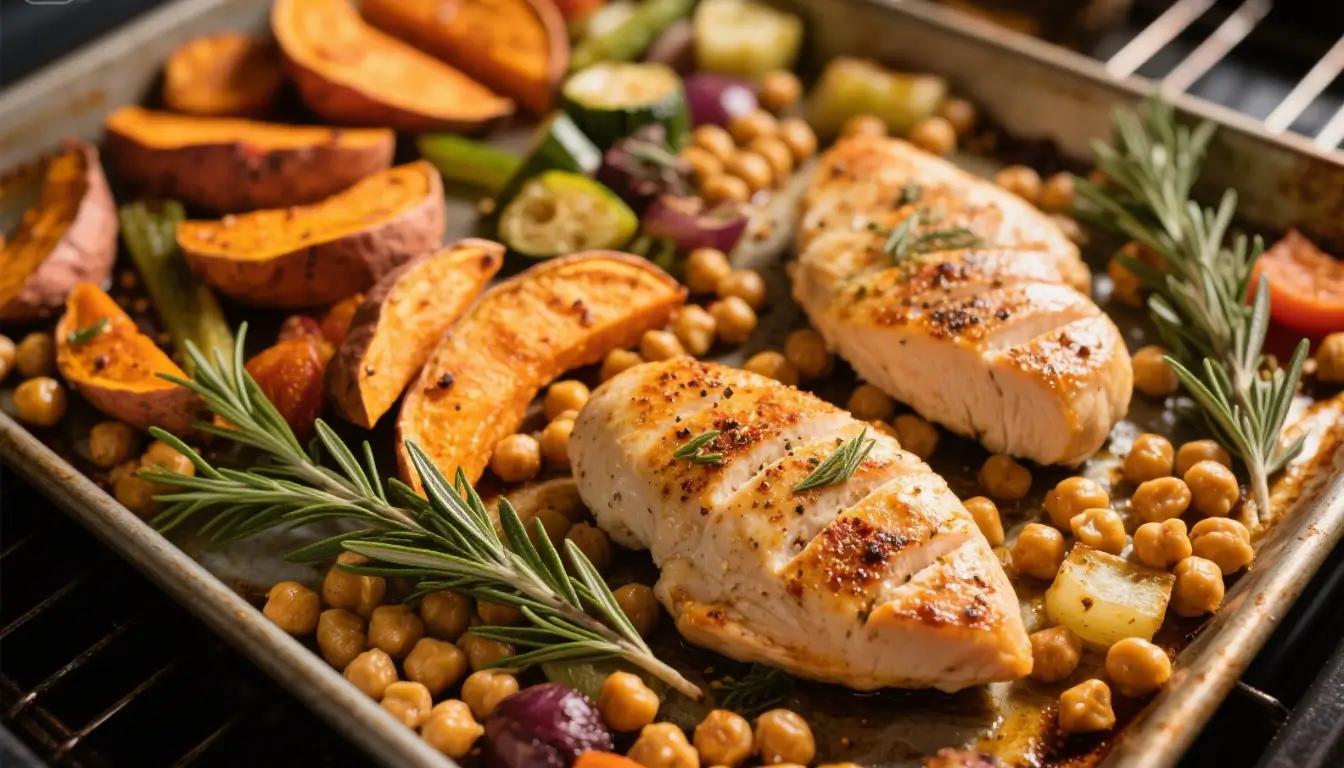 Rosemary Sweet Potato Chickpea Sheet Pan A sheet pan meal featuring caramelized sweet potato wedges, spiced chickpeas, cherry tomatoes, and sprigs of fresh rosemary.